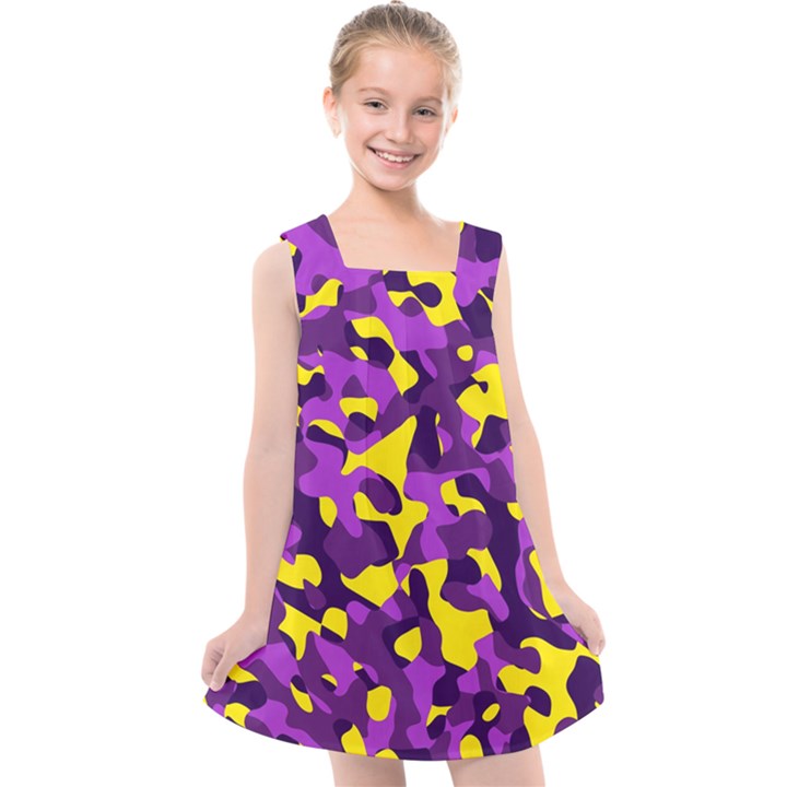 Purple and Yellow Camouflage Pattern Kids  Cross Back Dress