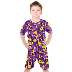 Purple And Yellow Camouflage Pattern Kids  Tee And Shorts Set by SpinnyChairDesigns