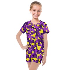 Purple And Yellow Camouflage Pattern Kids  Mesh Tee And Shorts Set