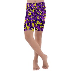 Purple And Yellow Camouflage Pattern Kids  Lightweight Velour Cropped Yoga Leggings