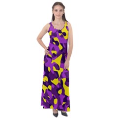 Purple And Yellow Camouflage Pattern Sleeveless Velour Maxi Dress by SpinnyChairDesigns