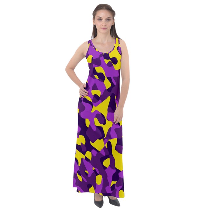 Purple and Yellow Camouflage Pattern Sleeveless Velour Maxi Dress