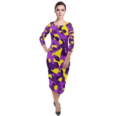 Purple And Yellow Camouflage Pattern Quarter Sleeve Midi Velour Bodycon Dress by SpinnyChairDesigns