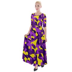 Purple And Yellow Camouflage Pattern Half Sleeves Maxi Dress by SpinnyChairDesigns