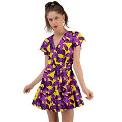 Purple And Yellow Camouflage Pattern Flutter Sleeve Wrap Dress by SpinnyChairDesigns