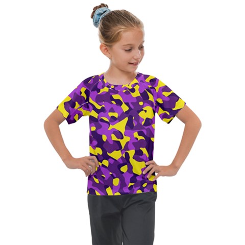 Purple And Yellow Camouflage Pattern Kids  Mesh Piece Tee by SpinnyChairDesigns