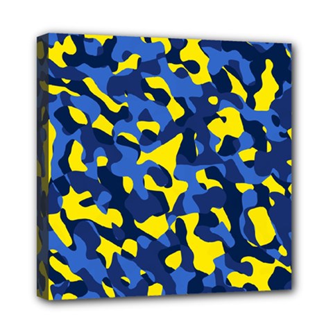 Blue And Yellow Camouflage Pattern Mini Canvas 8  X 8  (stretched) by SpinnyChairDesigns