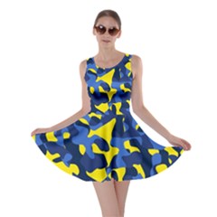 Blue And Yellow Camouflage Pattern Skater Dress by SpinnyChairDesigns