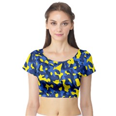 Blue And Yellow Camouflage Pattern Short Sleeve Crop Top by SpinnyChairDesigns