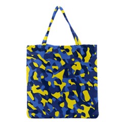 Blue And Yellow Camouflage Pattern Grocery Tote Bag by SpinnyChairDesigns