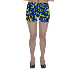 Blue And Yellow Camouflage Pattern Skinny Shorts by SpinnyChairDesigns