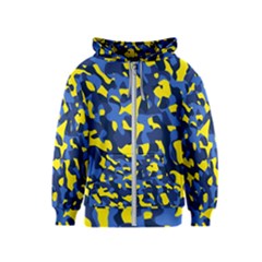 Blue And Yellow Camouflage Pattern Kids  Zipper Hoodie by SpinnyChairDesigns