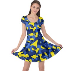 Blue And Yellow Camouflage Pattern Cap Sleeve Dress by SpinnyChairDesigns