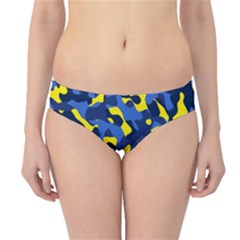 Blue And Yellow Camouflage Pattern Hipster Bikini Bottoms by SpinnyChairDesigns