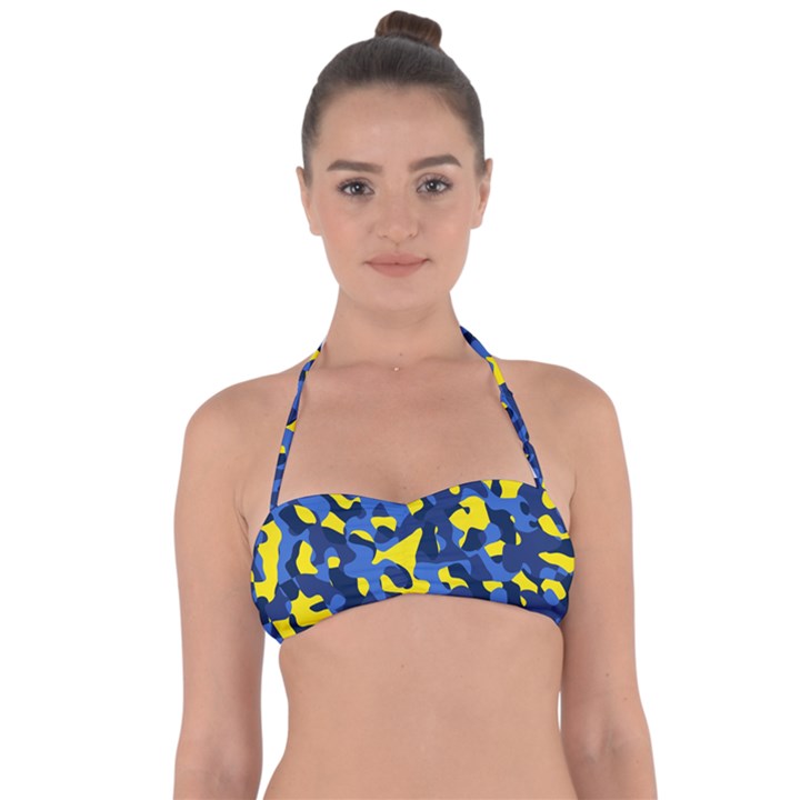 Blue and Yellow Camouflage Pattern Halter Bandeau Bikini Top