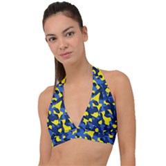 Blue And Yellow Camouflage Pattern Halter Plunge Bikini Top by SpinnyChairDesigns