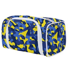 Blue And Yellow Camouflage Pattern Toiletries Pouch by SpinnyChairDesigns