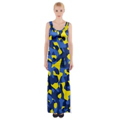 Blue And Yellow Camouflage Pattern Thigh Split Maxi Dress by SpinnyChairDesigns