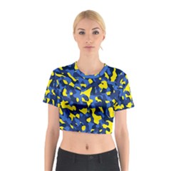 Blue And Yellow Camouflage Pattern Cotton Crop Top by SpinnyChairDesigns