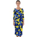 Blue and Yellow Camouflage Pattern Quarter Sleeve Midi Bodycon Dress View1