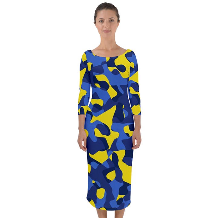 Blue and Yellow Camouflage Pattern Quarter Sleeve Midi Bodycon Dress