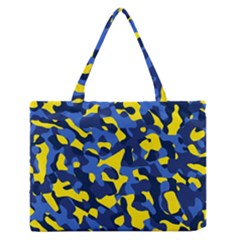 Blue And Yellow Camouflage Pattern Zipper Medium Tote Bag by SpinnyChairDesigns