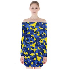 Blue And Yellow Camouflage Pattern Long Sleeve Off Shoulder Dress by SpinnyChairDesigns