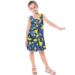 Blue And Yellow Camouflage Pattern Kids  Sleeveless Dress by SpinnyChairDesigns