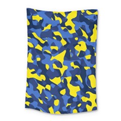 Blue And Yellow Camouflage Pattern Small Tapestry by SpinnyChairDesigns