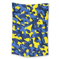 Blue And Yellow Camouflage Pattern Large Tapestry by SpinnyChairDesigns