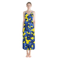 Blue And Yellow Camouflage Pattern Button Up Chiffon Maxi Dress by SpinnyChairDesigns