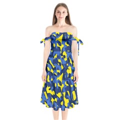 Blue And Yellow Camouflage Pattern Shoulder Tie Bardot Midi Dress by SpinnyChairDesigns