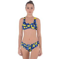 Blue And Yellow Camouflage Pattern Criss Cross Bikini Set by SpinnyChairDesigns