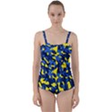 Blue and Yellow Camouflage Pattern Twist Front Tankini Set View1