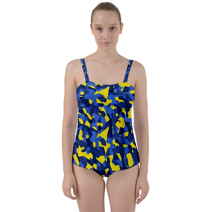 Blue and Yellow Camouflage Pattern Twist Front Tankini Set