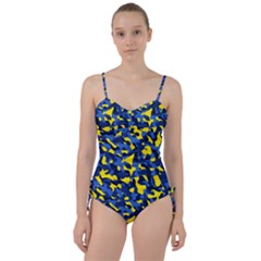 Blue And Yellow Camouflage Pattern Sweetheart Tankini Set by SpinnyChairDesigns