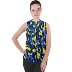 Blue And Yellow Camouflage Pattern Mock Neck Chiffon Sleeveless Top by SpinnyChairDesigns