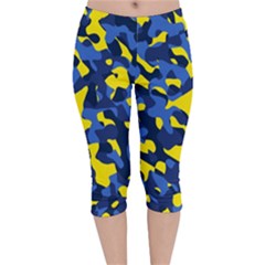 Blue And Yellow Camouflage Pattern Velvet Capri Leggings  by SpinnyChairDesigns