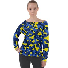 Blue And Yellow Camouflage Pattern Off Shoulder Long Sleeve Velour Top