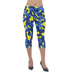 Blue And Yellow Camouflage Pattern Lightweight Velour Capri Leggings  by SpinnyChairDesigns