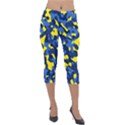 Blue and Yellow Camouflage Pattern Lightweight Velour Capri Leggings  View1