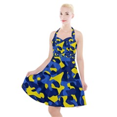 Blue And Yellow Camouflage Pattern Halter Party Swing Dress  by SpinnyChairDesigns