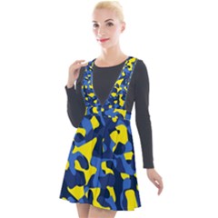 Blue And Yellow Camouflage Pattern Plunge Pinafore Velour Dress by SpinnyChairDesigns