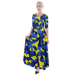 Blue And Yellow Camouflage Pattern Half Sleeves Maxi Dress by SpinnyChairDesigns