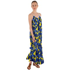 Blue And Yellow Camouflage Pattern Cami Maxi Ruffle Chiffon Dress by SpinnyChairDesigns