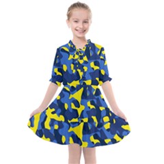 Blue And Yellow Camouflage Pattern Kids  All Frills Chiffon Dress by SpinnyChairDesigns