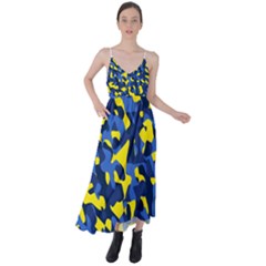 Blue And Yellow Camouflage Pattern Tie Back Maxi Dress by SpinnyChairDesigns