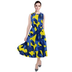 Blue And Yellow Camouflage Pattern Round Neck Boho Dress by SpinnyChairDesigns