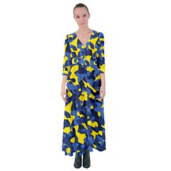 Blue And Yellow Camouflage Pattern Button Up Maxi Dress by SpinnyChairDesigns