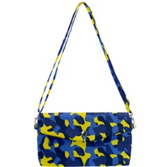 Blue And Yellow Camouflage Pattern Removable Strap Clutch Bag by SpinnyChairDesigns